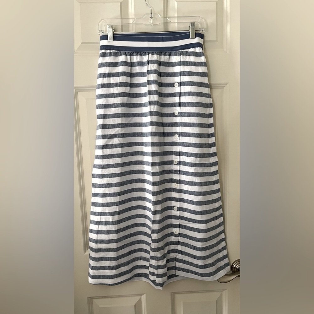 Women’s J. Jill Blue & White Striped Linen Mock Button Front long skirt XS
